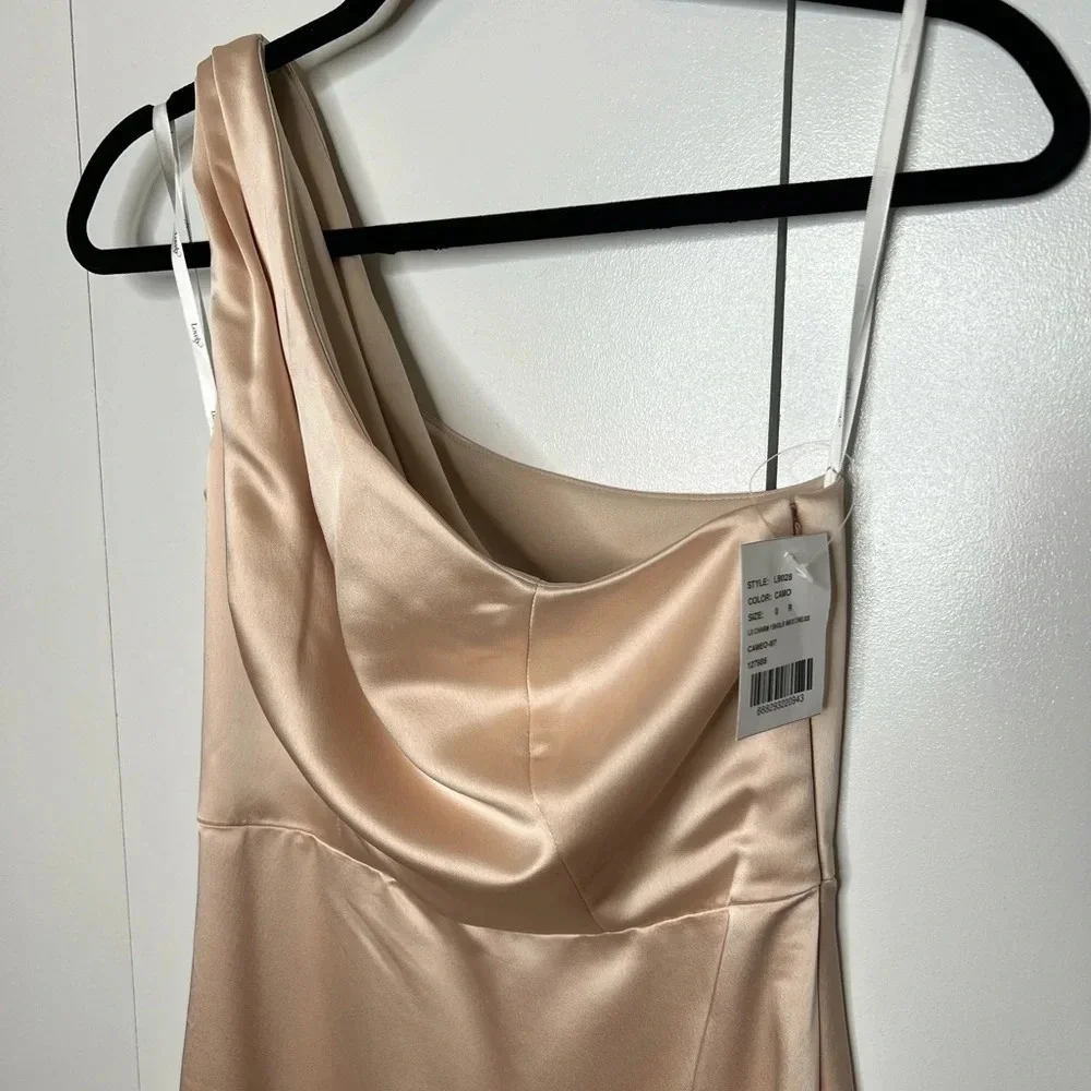 ONE SHOULDER MAXI DRESS BY LOVELY- SIZE 0 NWT “CAMEO” blush pink color